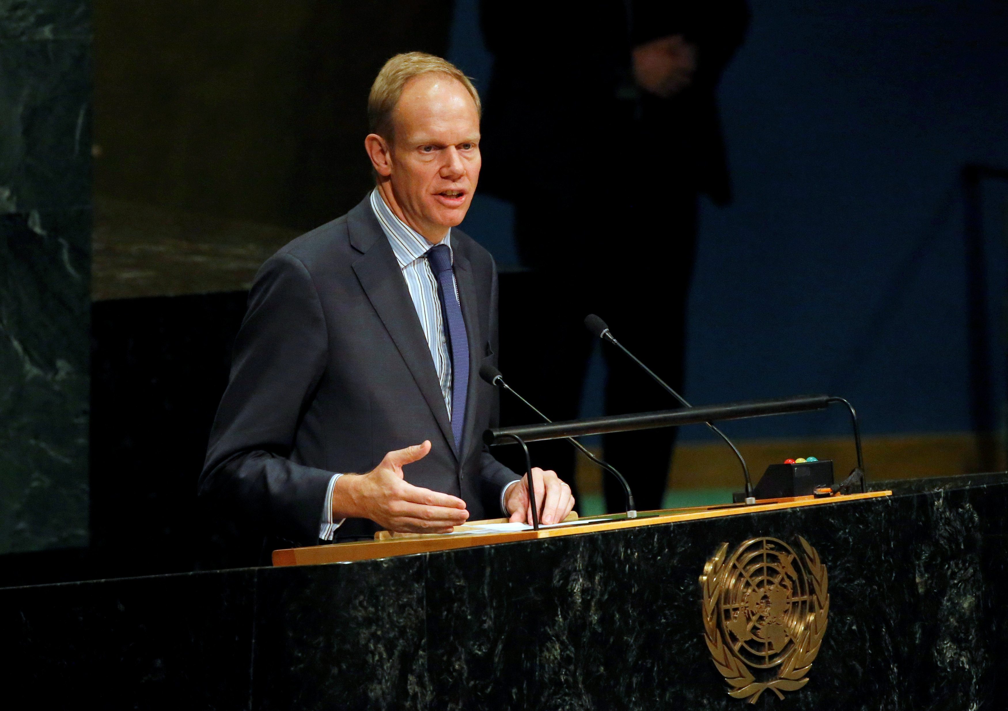 British Ambassador to the United Nations Matthew Rycroft speaks during a tribute to the late King of Thailand Bhumibol Adulyadej in the General Assembly at United Nations headquarters in New York, October 28, 2016. REUTERS/Brendan McDermid