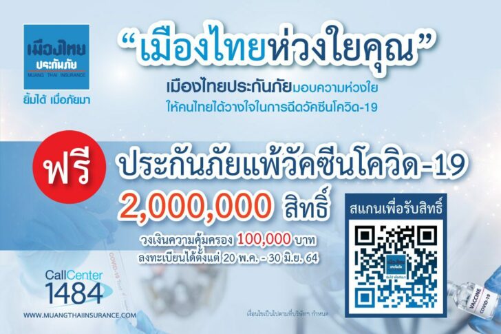 ฟรี! เมืองไทยประกันภัย แจกประกันแพ้วัคซีนโควิด 2 ล้านสิทธิ คุ้มครอง 1 แสน