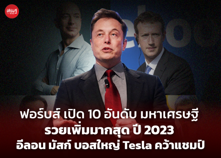 ฟอร์บส์ เปิด 10 อันดับ มหาเศรษฐี รวยเพิ่มมากสุด ปี 2023 อีลอน มัสก์ บอสใหญ่ Tesla คว้าแชมป์
