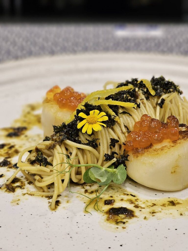 Cold Pasta with Ponzu Truffle Sauce and Grilled Hotate Scallops