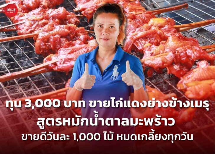ทุน 3 พัน ขายไก่แดงย่างข้างเมรุ สูตรหมักน้ำตาลมะพร้าว ขายดีวันละ 1,000 ไม้ หมดเกลี้ยงทุกวัน